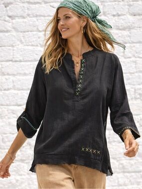 Organic Cotton Boho Tunic Top M/L Oversized Relaxed Fit Hand Stitched Blouse